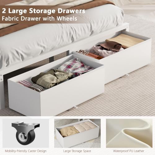 Furnulem White Queen Bed Frame with PU Upholstered Headboard & 2 Drawers