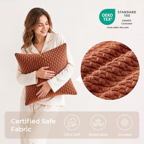 Kevin Textile Soft Corduroy 20x20 Inch Pillow Covers 2 Pack, Rust Brown