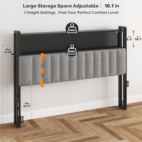 VINGLI Queen Size Headboard Only, Adjustable Upholstered Headboard with 2 Tier Shelves and Pegboard with Charging Stations and LED Lights, Modern Bed Headboard with Storage for Bedroom Decor
