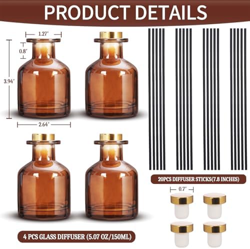 4 Pack Perfume Reed Diffuser Bottle,Empty Big Belly Aromatherapy Essential Oil Bottles Glass Jar with Black Sticks for DIY Fragrance Replacement Diffuser Sets (150ml/ 5 oz, Dark Brown Color)