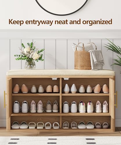 Fluted Shoe Storage Bench, Entryway Bench with Adjustable Shelves