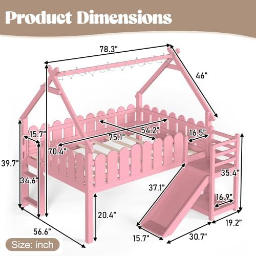 Bellemave Low Loft Bed Full with Slide and Lights Strip for Kids, Pink