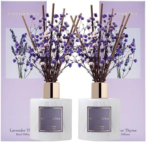 Cocorrína Premium Reed Diffuser Set with Preserved Baby's Breath & Cotton Stick Lavender Thyme 2 Packs, 6.7oz Scent Fragrance Oil Diffuser for Bedroom Bathroom Home Décor