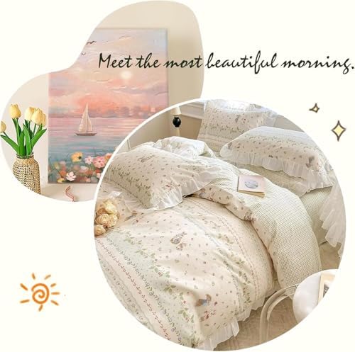 Cute Rabbits White Ruffle Duvet Cover Full Size Reversible Green Plaid Comforter Cover with 2 Pillowcases 100% Cotton Garden Girls Bedding Set with Zipper Closure, Full 80 * 90”