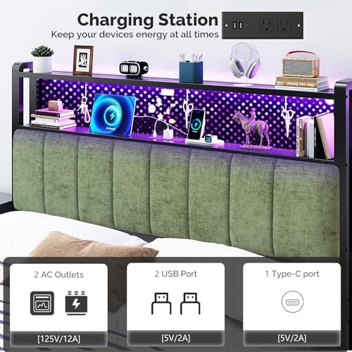 VINGLI Chenille Green Upholstered Bookcase Headboard Only Full Size Height Adjustable Headboard with 2 Tier Shelves, LED Lights and Charging Station for Bed, Bedside Storage