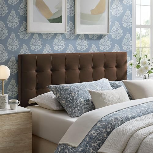 Modway Lily Performance Velvet Queen Size Headboard with Biscuit Tufting in Chocolate Brown - Stain-Resistant Upholstery with Padded Design and 5 Height-Adjustable Mounts