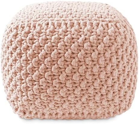 Casafield Square Pouf Ottoman, Light Pink 18.5" W x 18.5" D x 14.5" H Cotton Knit Foot Stool - Boho Floor Pouffe for Living Room, Bedroom, Home Office