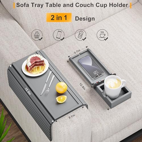 Bestjing Bamboo Couch Armrest Table with Detachable Cup Holder Tray (Gray)