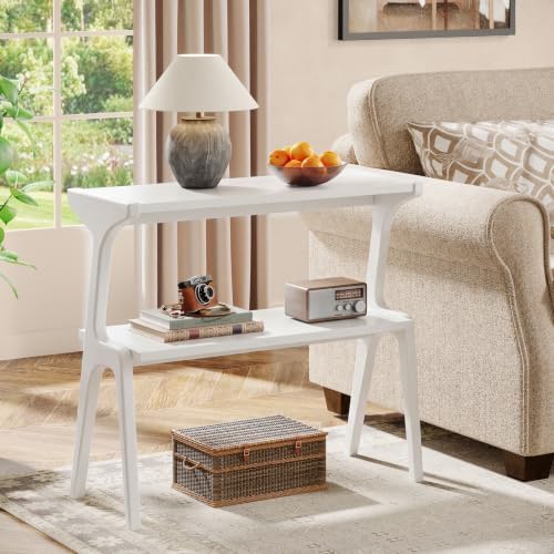 Tribesigns 2-Tier Solid Wood Side Table, Modern White End Table with Storage Shelves, Tall Slim Side Table for Couch with Unique Legs, Long Bedside Table for Bedroom, Living Room