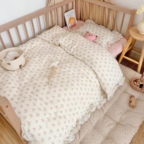 Muslin Cotton Toddler Duvet Cover Soft Double Layers Gauze Bedding Duvet Covers for Toddler Girls Kids Quilt Cover, 47"x59", Azalea Print (No Pillow Cases)