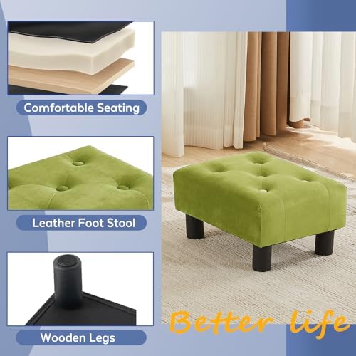Small Foot Stool Ottoman, Velvet Footstool Ottoman Foot Rest for Couch, Rectangle Footstools and Ottomans Small for Living Room, Entryway and Bedroom (Olive Green)