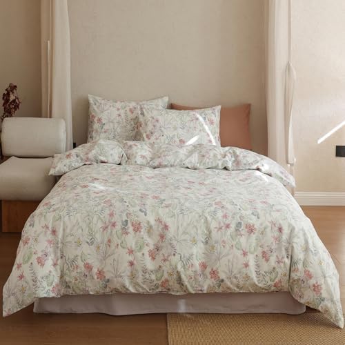 HighBuy Garden Duvet Cover Queen Floral Bedding Set Shabby Chic Boho Cotton Duvet Cover Queen Size Comforter Cover Set for Women Girls,Vintage Pink Floral,Soft and Breathable