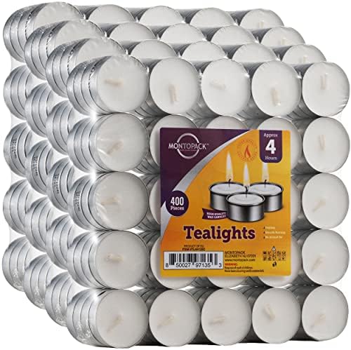 MontoPack Unscented Tea Light Candles 400 Pack | 4 Hours, White, Smokeless, Dripless Small Votive Paraffin Tealights | Long-Lasting for Home, Shabbat, Weddings, Events, Emergencies | Mini Candles Bulk