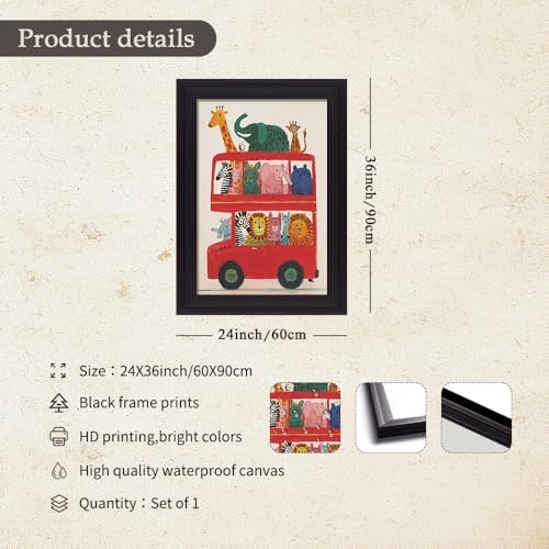 Vintage Framed Cute Colorful Animal Canvas Wall Art Modern Funny Kids Posters Safari Animals On Red Bus Scene Prints For Toddler Bedroom Nursery Wall Decor 24x36 inch