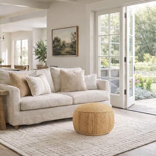 Casafield Braided Jute Pouf, Large Round Pouf Ottoman, 22" W x 22" D x 14" H Woven Jute Footrest, Decorative Indoor Boho Home Accent for Living Room