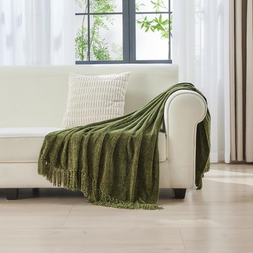CozeCube Chenille Throw Blanket, Olive Green Fringe Blanket, 50"X60"