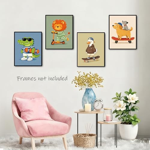 Noaleviax Cute Animals Posters Set - Toddler Baby Boy Room Decor, Crocodile Lion Duck Dog Pictures Wall Art for Kids Nursery Bedroom Playroom Decor, 8x10 Unframed, Set of 4
