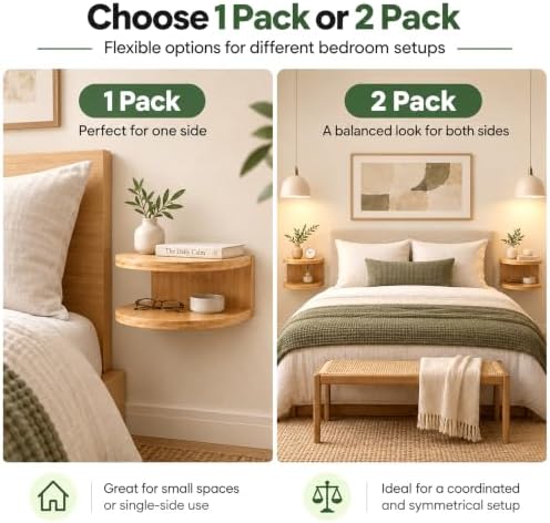 Bamboo Floating Wall Mounted Nightstand Wall Storage Shelf (2, Nature)