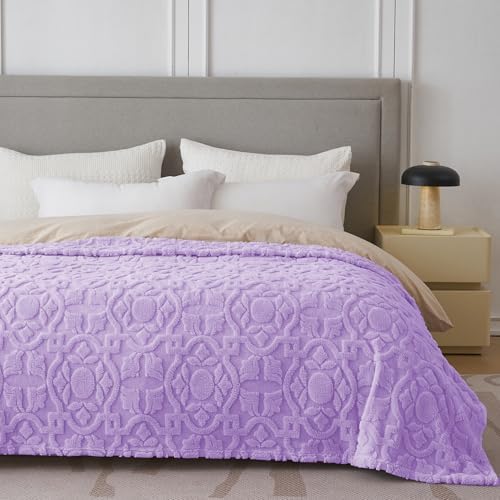 Home Fleece Throw Blanket for Couch, Bed, TV, Party, and Gift - 3D Jacquard Decorative Blankets - Cozy Soft Lightweight Fuzzy Flannel Blanket, All Seasons, 50x70 Inches, Lavender-1
