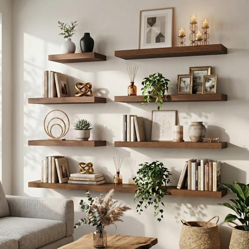 72 Inch Floating Shelves for Wall, 8"D Wood Storage Shelves, Walnut Finish