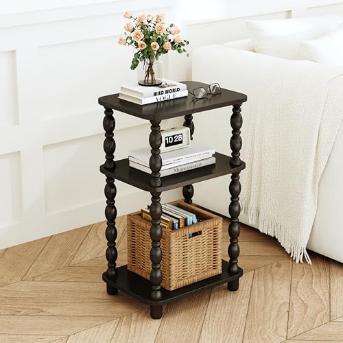 Side Table, Retro End Table with 3 Tier Shelf, Small Couch Side Table for Living Room, Vintage Farmhouse End Table, Bedroom Skinny Bedside Table Nightstand(Black)