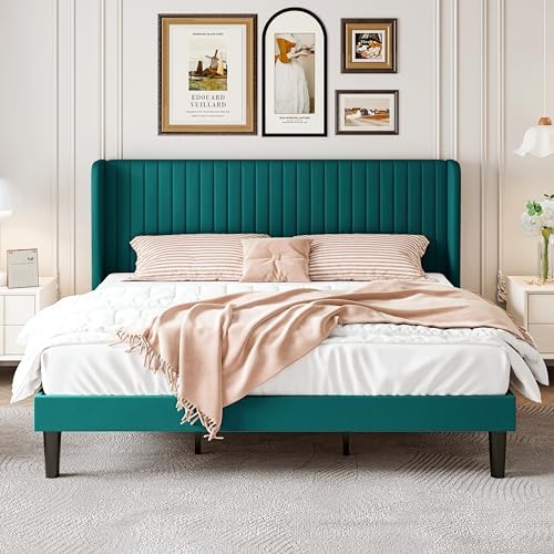 SHA CERLIN King Size Velvet Bed Frame, Tufted Wingback Headboard, Teal
