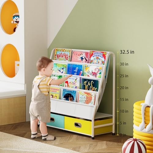 Kids Bookshelf - 4-Tier Sling Bookcase for Kids Room, Metal Nursery Book Shelf, Small Book Shelf and Toy Storage for Children, Idea Gift for Boys and Girls