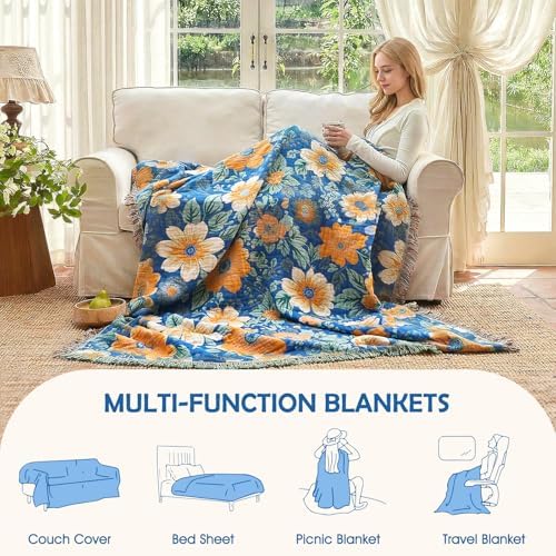 Boho Throw Blanket - 100% Cotton 50x60in Soft Blankets for Bed Couch