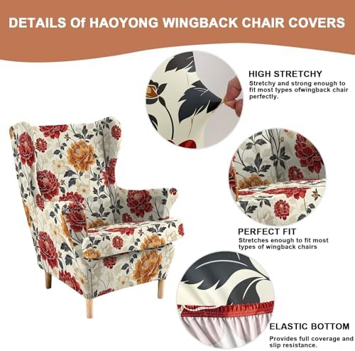 HAOYONG 2 Piece Wingback Chair Covers Stretch Wing Chair Slipcover Printed Wing Back Chair Covers with Arms Washable Spandex Fabric Armchair Cover Protection Furniture for Living Room and Bedroom