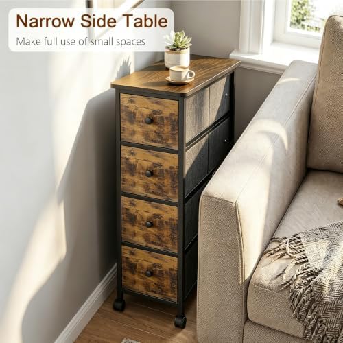 Narrow Nightstand with 4 Drawers, Slim Bedside Table for Small Space