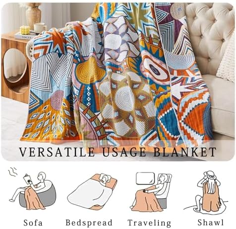 Boho Blanket Soft Muslin BohoThrow Blanket, 100% Cotton Floral Printed Farmhouse Decor All Season Reversible Rustic Throw for Sofa Couch Chair (Orange, 60"x80")