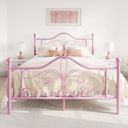 SHA CERLIN Full Size Metal Bed Frame with Butterfly Headboard, Pink