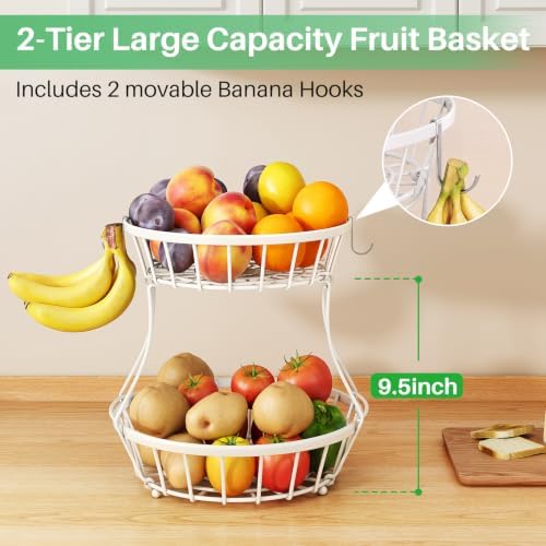 SAYZH 2-Tier Large Fruit Basket Bowl for Kitchen Counter with Banana Hanger