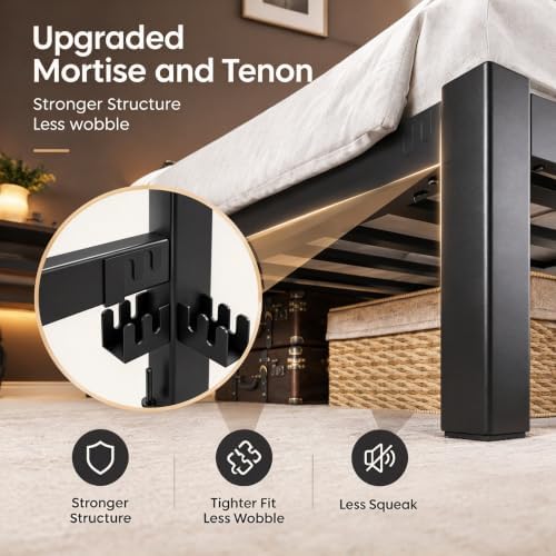 Full Bed Frame with Charging Station and LED Lights Headboard, Black