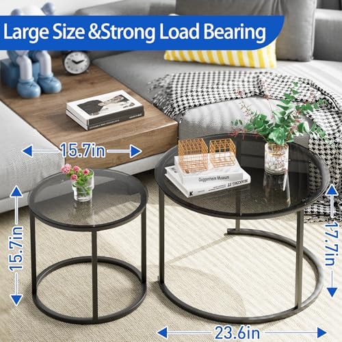 aboxoo Nesting Coffee Table Grey Glass Table Set of 2, Small Round Glass Nesting Tables for Living Room Bedroom, Accent Tea Table with Metal Frame Modern Industrial Simple