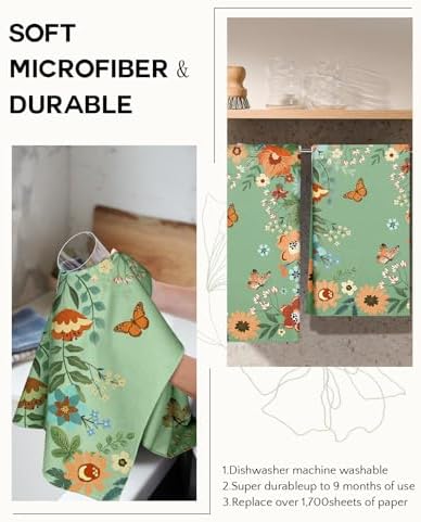 Miss Adola Cute Kitchen Towels Set of 2, 18 x 26 Inch, Green Butterfly