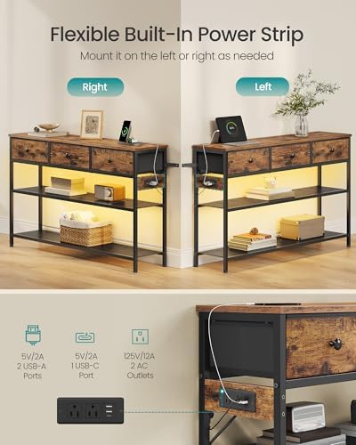 SONGMICS Console Table with Power Outlets and LED Lights, 3 Fabric Drawers