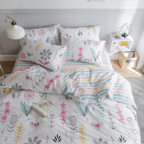 Floral Girls Duvet Cover Twin 100% Cotton Floral Bird Print Bedding Set Garden Style Flower Duvet Cover Breathable Aesthetic Cottagecore Comforter Cover Reversible Striped Bedding Set for Kids Teens