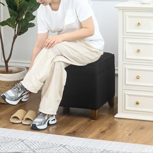 Adeco 17.5" Square Fabric Ottoman with Storage - Upholstered Cotton Linen Foot Rest - Flip Top Footstool with Sturdy Wood Legs, Small Cube Coffee Table Extra Seat for Living Room, Bedroom, Black