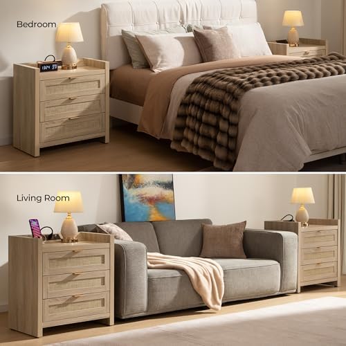 SICOTAS Rattan Nightstand for Bedroom, Tall Bedside Table with 3 Drawers