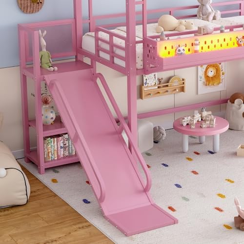 Bellemave Twin Size Metal House Loft Bed with Slide and Stairs,Heavy Duty Playhouse Loft Bed Frame with Shelves,LED Lights and Charging Station for Kids,Teens,Adults,Pink