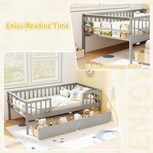 KOMFOTT Wood Twin Bed Frame with Fence Rails & 2 Pull-Out Drawers, Kids Twin Bed Frame with Side Shelf, No Box Spring Needed Solid Wood Slats Supported Daybed for Children & Teens (Grey)