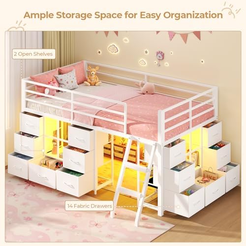 Low Loft Bed Twin Size with 14 Storage Drawers & 2 Shelves, White