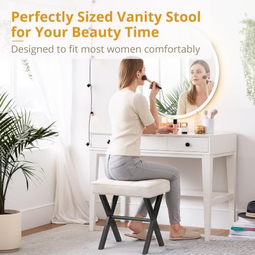 LUE BONA Ottoman Foot Stool Vanity Stool, Square Linen X-Leg Foot Rest Ottoman Makeup Stool, Small Stool Chair for Vanity, Modern Padded Vanity Seat for Makeup Room, Living Room, Bathroom, Linen Color