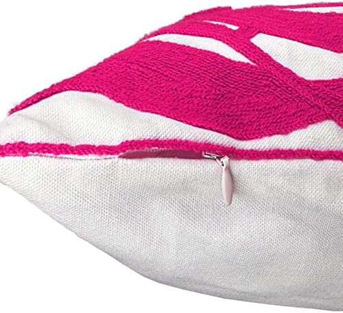 Alysheer Farmhouse Floral Leaves Embroidered Decorative Throw Pillow Cover 18x18 inches, Boho Tufted Flowers Embroidery Pattern Chic Cotton Cushion Case for Couch Bed Sofa Living Room(Bright Hot Pink)