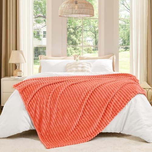 BEDELITE 3D Ribbed Coral Red Fleece Throw Blanket for Couch, 50x60 Inch
