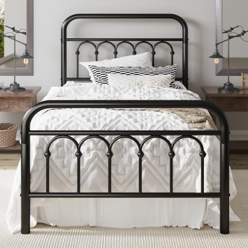 Allewie Twin Size Metal Platform Bed Frame with Headboard, Black