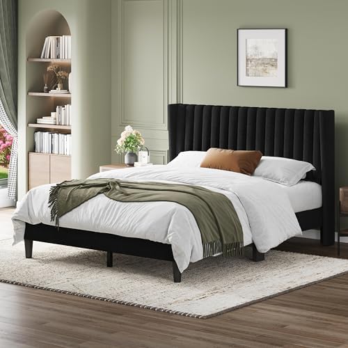 Yaheetech Queen Bed Frame with Headboard, Black Channel-Tufted Platform