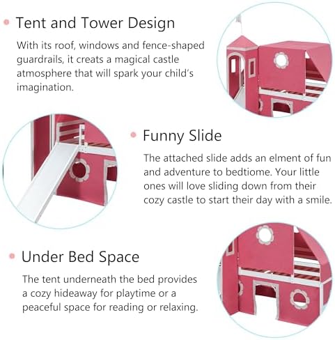 Castle Loft Bed with Slide & Tent and Tower, Playhouse Design Spacious Under Bed Space with Curtains, Wood Tent Bed Frame for Kids Boys Girls (Pink, Twin)