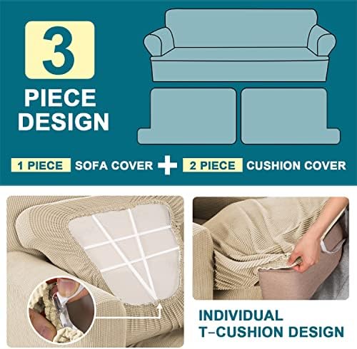 Turquoize 3 Piece T Cushion Sofa Slipcovers Sofa Cover for T Cushion Sofa Couches Stretch Couch Cover Furniture Covers with 2 Individual T Cushion Covers, Washable (2 Cushion Sofa, Biscotti Beige)